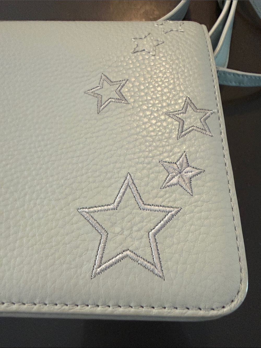 NWOT Dagne Dover Light Blue-Grey Leather Crossbody Bag with Star Embroidery - Picture 2 of 6